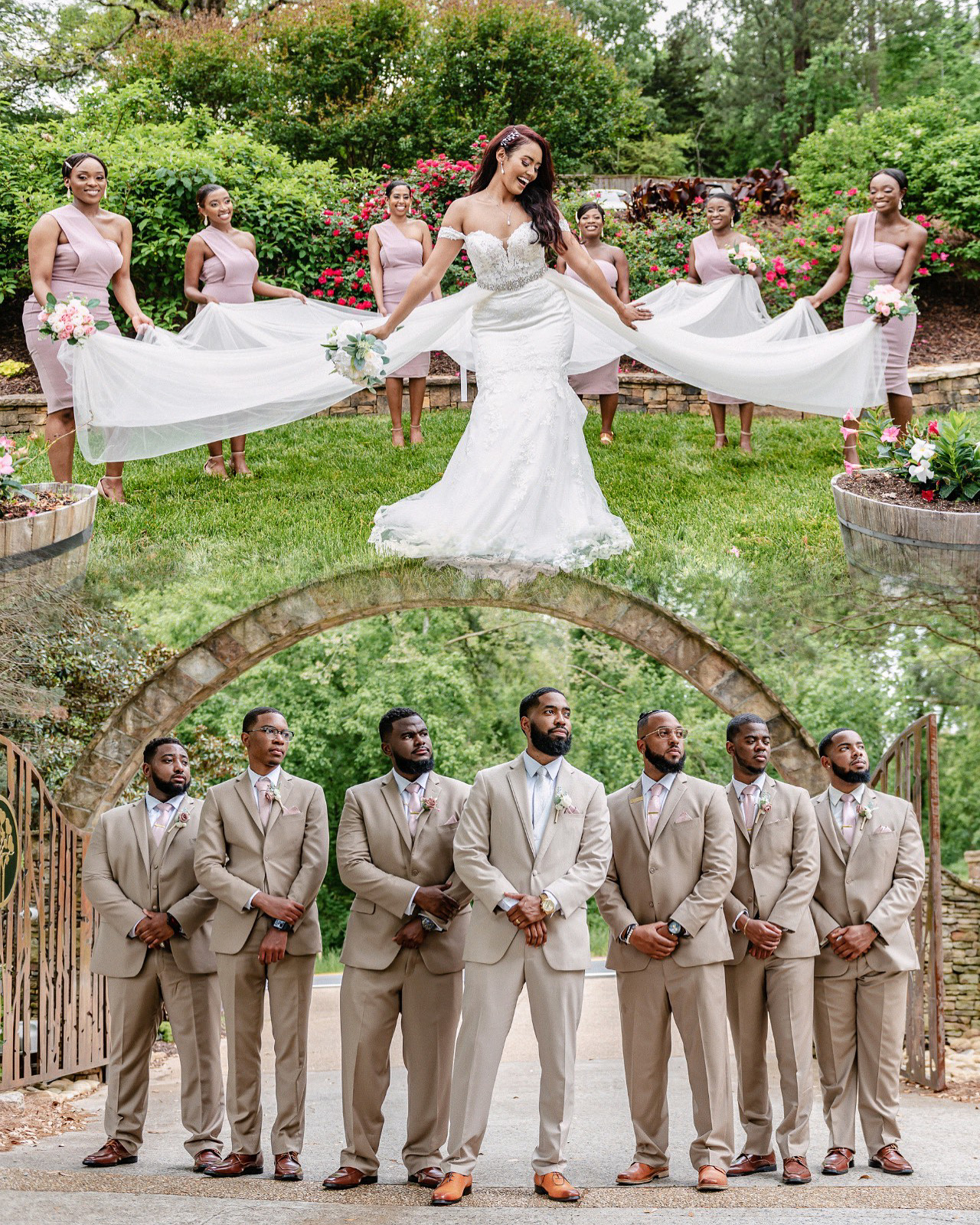 Bridal party photos with Bride and Groom. Groomsmen look sharp in their tux and Bridesmaids look stunning in their royal dress.
