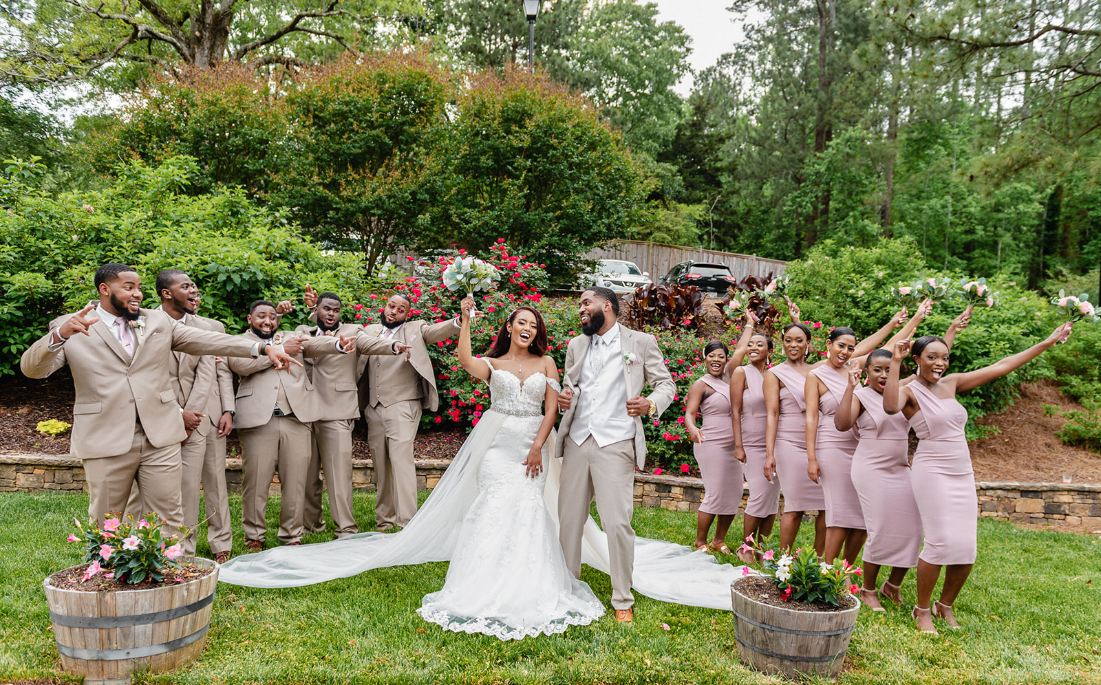 Bridal Party smiling and laughing for wedding photos, at Three Birches in Alpharetta, Georgia taken by PWG Lens